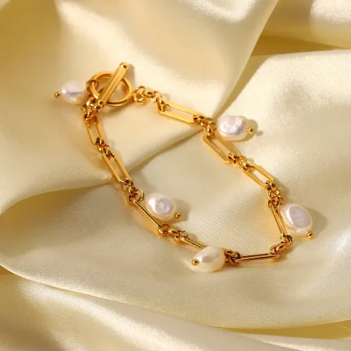 ZTBT111 18K Gold Stainless Steel OT Buckle Bracelet with Natural Freshwater Pearl Tassel & Geometric Chain