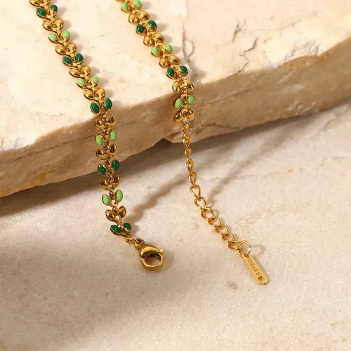 ZTBT105 18K Gold Plated Olive Leaf Bracelet with Green Drop Stones for Women Stainless Steel