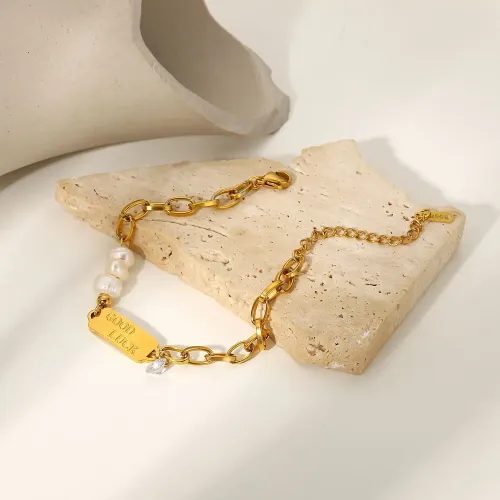 ZTBT72 18K Gold-Plated Freshwater Pearl Bracelet Stainless Steel Women's Good Luck Jewelry