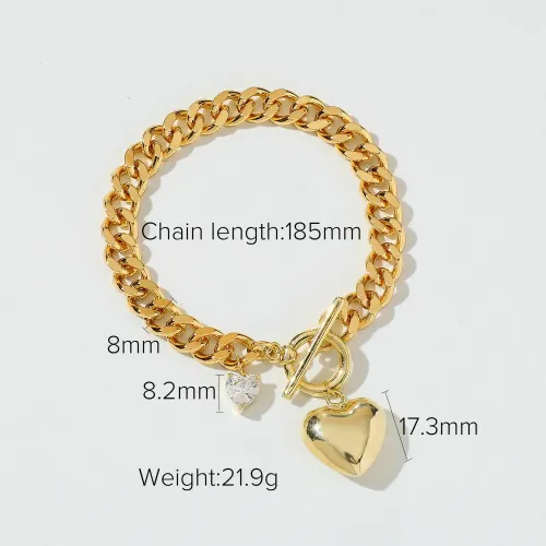 ZTBT232 Elegant Cuban Chain Bracelet with Gold Plating and Heart-Shaped Zircon Pendant for Women
