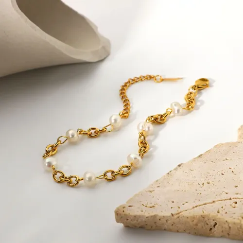 ZTBT85 18K Gold Plated Stainless Steel Chain Bracelet with 6 Freshwater Pearls for Women