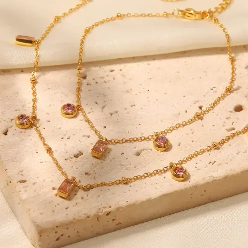 ZTBT13 Wholesale 18K Gold Square Pink & Purple Round Pendant Bracelet Chic Jewelry