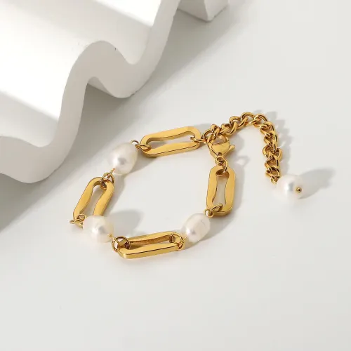 ZTBT57 18K Gold Plated Baroque Pearl Bracelet Stainless Steel Rectangular Chain Design for Women