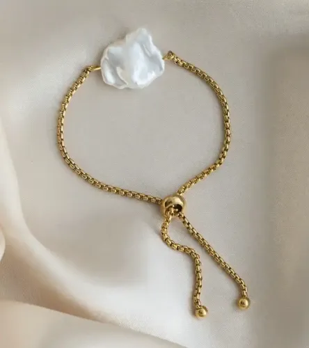 ZTBT155 18K Gold Plated Adjustable Bracelet with Freshwater Baroque Pearl Waterproof Stainless Steel Women's Jewelry