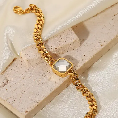 ZTBT132 18K Gold Zircon Pendant Bracelet with Glass Stone on Thick Cuban Chain Stainless Steel