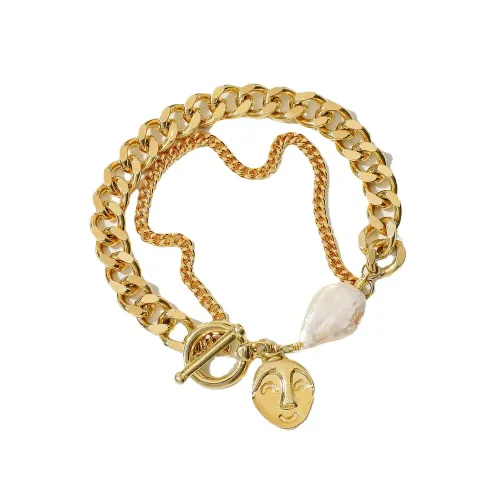ZTBT95 14K Gold-Plated Multi-Layer Cuban Chain Bracelet with Baroque Pearl & Face Pendant for Women
