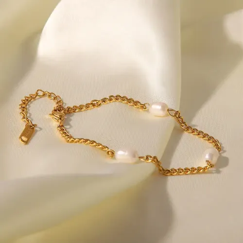 ZTBT149 18K Gold Vintage Cuban Chain Bracelet with Natural Freshwater Pearls