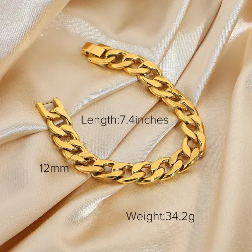 ZTBT228 18K Gold-Plated 12mm Flat Curb Bracelet for Women Vacuum Electroplating Hand Jewelry
