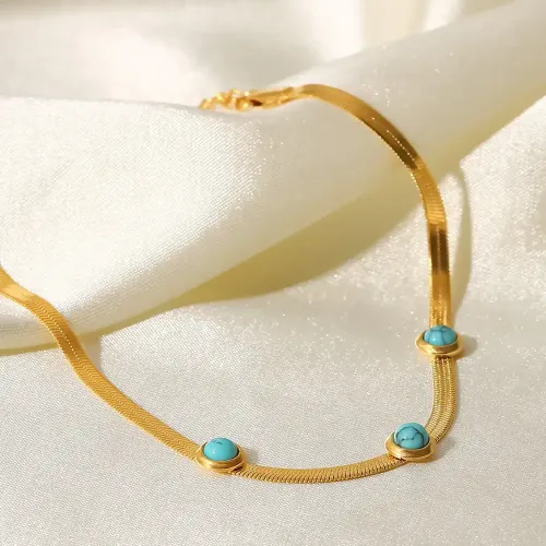 ZTBT118 18K Gold Plated Stainless Steel Bracelet with Turquoise for Women Elegant Snake Chain Design