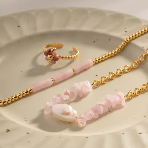 ZTBT137 18K Gold Plated Rose Quartz Baroque Pendant Necklace & Bracelet Set for Women