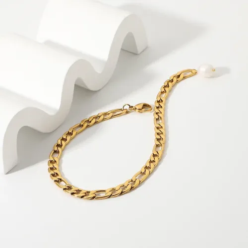 ZTBT188 18K Gold Plated 316L Stainless Steel Freshwater Pearl Figaro Chain Bracelet for Women