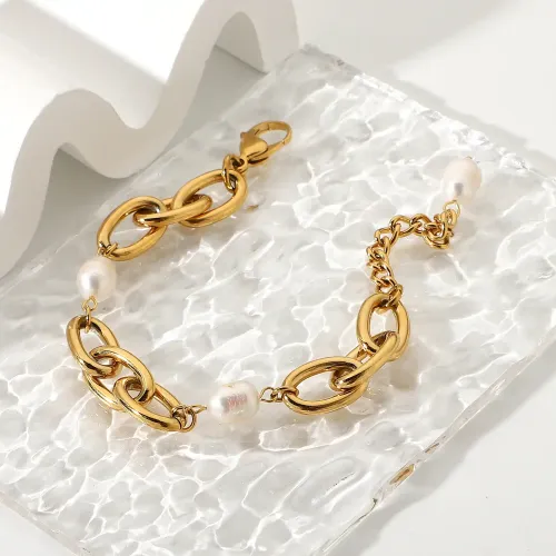 ZTBT62 18K Gold-Plated Chunky Chain Bracelet with 12mm Pearl Stainless Steel Women's Jewelry