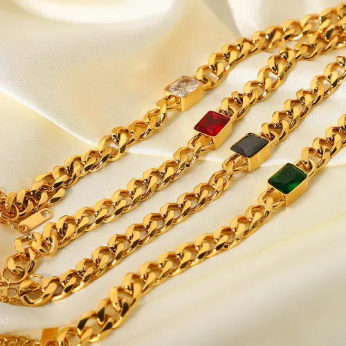 ZTBT126 18K Gold Plated Cuban Link Bracelet with Colored Zircon Women's Stainless Steel Jewelry