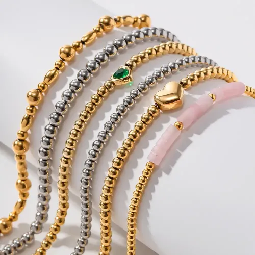 ZTBT50 Wholesale 16K Gold Bracelet with Green Zircon & Round Beads Love Jewelry