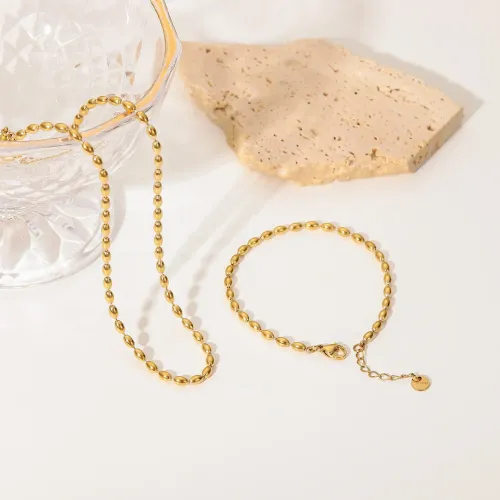 ZTBT244 14K Gold Oval Bead Bracelet Stainless Steel Chain Necklace for Women