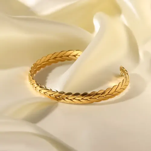 ZTBT52 Elegant 18K Gold-Plated Wheat Ear Open Cuff Bracelet for Women Stainless Steel Jewelry