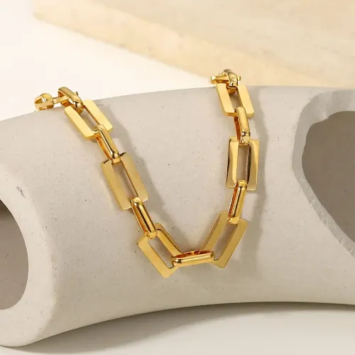 ZTBT181 18K Gold Plated Square Link Bracelet 7MM Paperclip Chain Women's Stainless Steel Jewelry