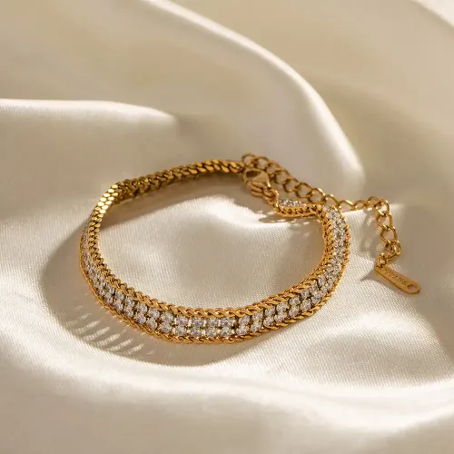 ZTBT165 18K Gold-Plated Double Layer White Zircon Bracelet for Wholesale