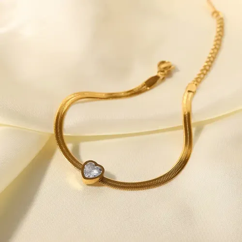 ZTBT54 18K Gold-Plated Heart Zircon Bracelet Multi-Colored Inlay on Stainless Steel Snake Chain for Women