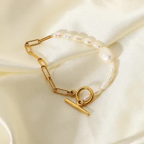 ZTBT45 18K Gold Stainless Steel OT Buckle Bracelet with Natural Freshwater Pearl for Women