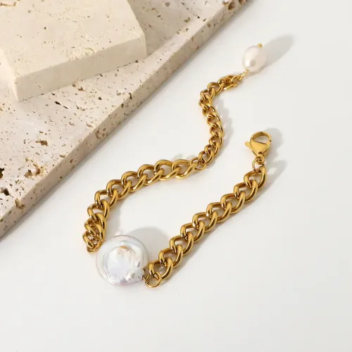 ZTBT225 18K Gold Plated Chunky Miami Cuban Chain Bracelet with Baroque Freshwater Pearls