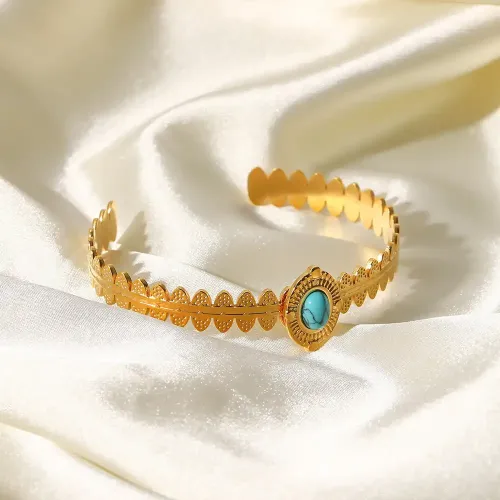 ZTBT159 18K Gold Plated Crown Turquoise Bangle Stainless Steel Open Bracelet for Women