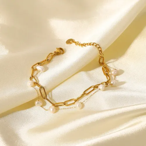 ZTBT71 Double Layer Freshwater Pearl & Cross Chain Bracelet Chic Women's Accessory