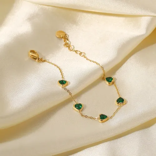 ZTBT178 14K Gold Women's Bracelet with Multiple Green Heart Zircons Elegant Jewelry