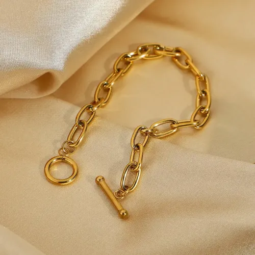 ZTBT134 Women's Gold Plated Paperclip Bracelet with OT Ring Clasp Stainless Steel Oval Chain