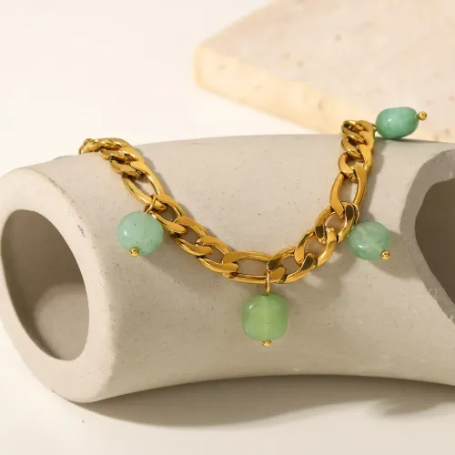 ZTBT218 18K Gold Plated Figaro Chain Bracelet with Green Natural Stone Tassel Pendant Stainless Steel