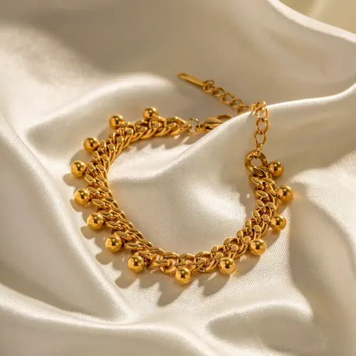 ZTBT135 18K Gold Plated Stainless Steel Cuban Chain Bracelet with Ball Bead Tassels