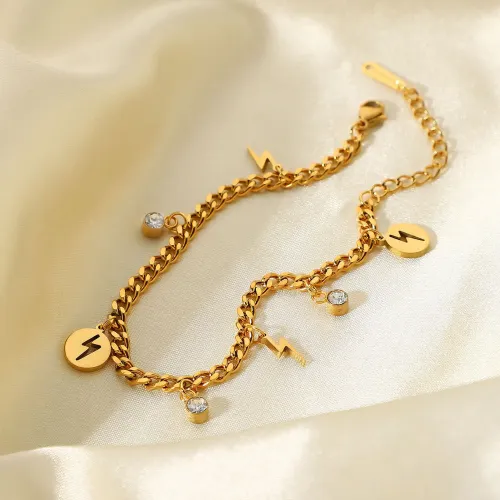 ZTBT183 18K Gold Plated Lightning Bolt Bracelet with Round Zircon Pendant Women's Stainless Steel Jewelry