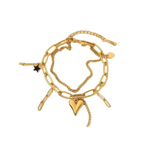 ZTBT37 18K Gold Plated Double Layer Bracelet with 3D Love & Star Pendant