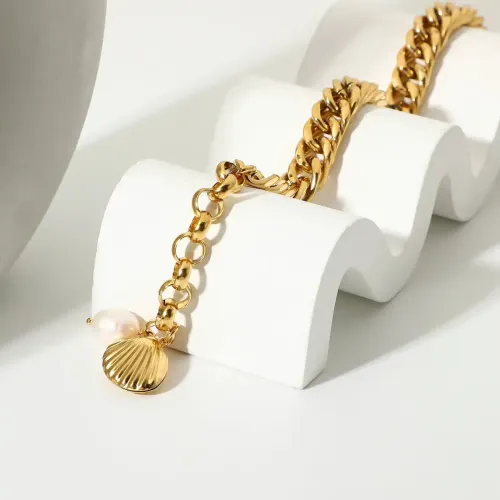 ZTBT14 18K Gold Plated Stainless Steel Cuban Chain Bracelet with Freshwater Pearl for Women