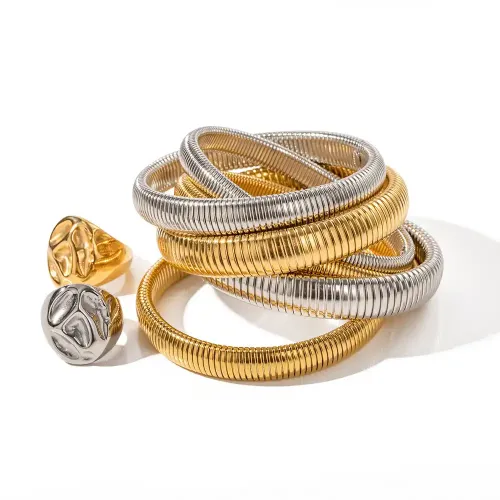 ZTBT26 18K Gold Square Emerald stainless steel Bracelet earrings Ribbed Detailing jewelry