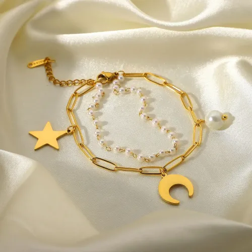 ZTBT124 18K Gold-Plated Star & Moon Pearl Pendant Double Layer Bracelet for Women
