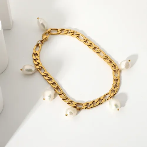 ZTBT156 18K Gold Plated Figaro Chain Bracelet with Freshwater Baroque Pearl Drops for Women