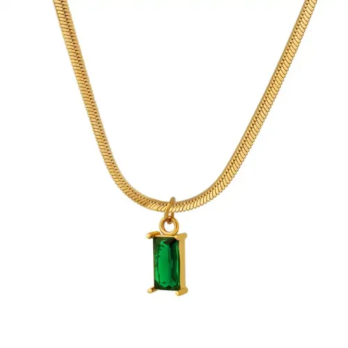 FXNT292 Gold-Plated Snake Chain Necklace with Emerald Zircon Pendant Japanese & Korean Style