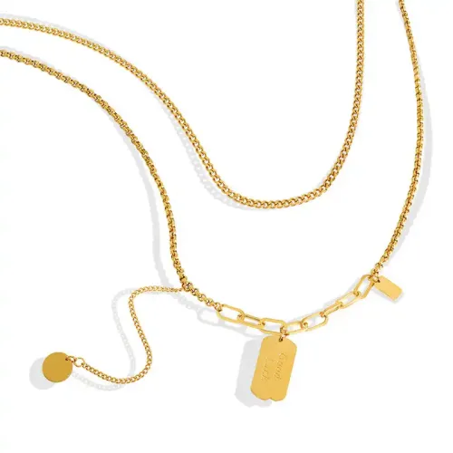 FXNT1082 Double Layer Geometric Chain Necklace Stainless Steel Hip Hop Jewelry, Euro-American Style