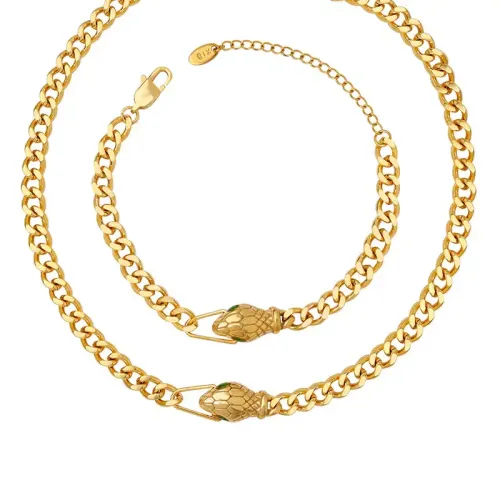 FXNT168 Luxurious Gold-Plated Jewelry Set with Green Zirconia Snake Head Necklace and Bracelet