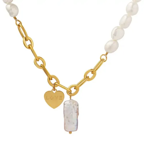 FXNT81 18K Gold-Plated Heart-Shaped Freshwater Pearl Pendant Necklace Elegant Jewelry