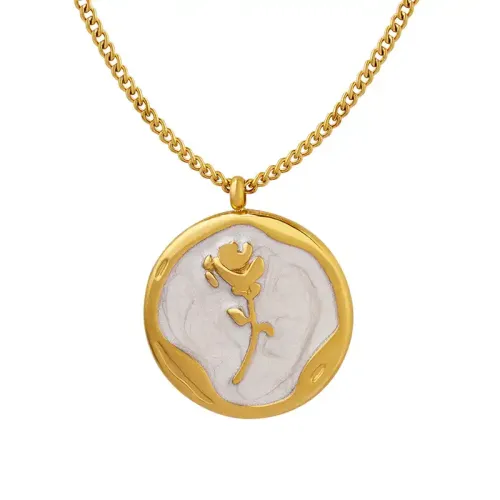 FXNT679 Gold-Plated Enamel Rose Medallion Pendant Necklace Trendy Drip Oil Design