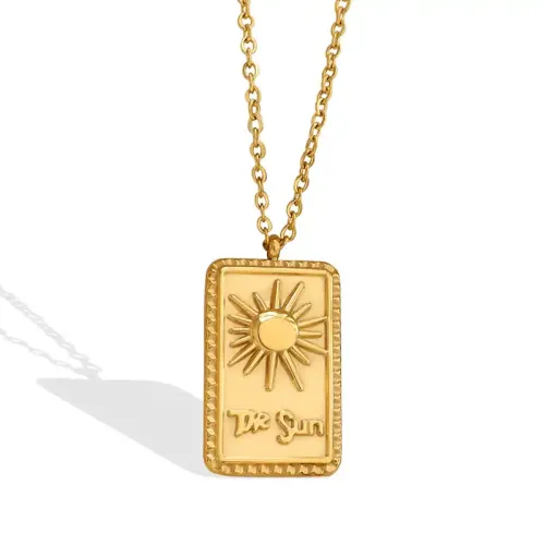 FXNT1033 Gold-Plated Sun engrave Square Pendant Necklace Women's Clavicle Chain