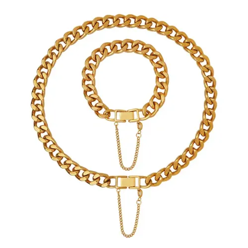 FXNT555 Hip Hop Gold Plated Cuban Link Chain Set Hot Clasp Bracelet & Thick Necklace