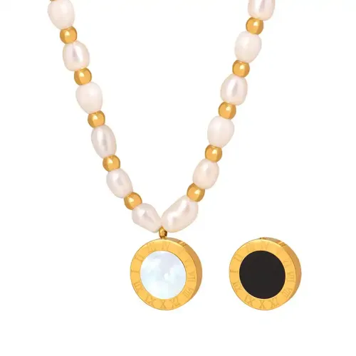 FXNT346 Elegant Freshwater Pearl Strand Necklace with Gold-Plated Stainless Steel Double-Sided Pendant