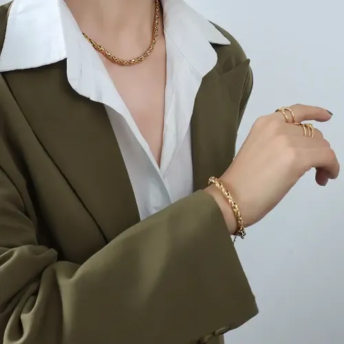 FXNT762 18K Gold Plated Hip Hop Jewelry Set Thick Cuban Chain Necklace and Bracelet