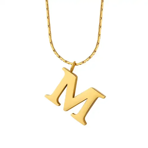 FXNT1160 Ultra-Fine Square Hammered Pattern 18K Gold M Initial Clavicle Necklace