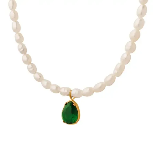 FXNT485 Luxurious Women's Emerald Zircon Water Drop Pendant & Freshwater Pearl Clavicle Necklace