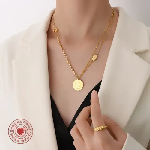 FXNT782 18K Real Gold Plated Necklace with Double-Layered English Round Plate & OT Buckle