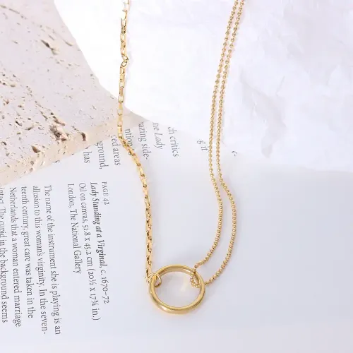 FXNT1169 Women's 18K Gold Spliced Double Chain Circle Pendant Necklace, Sparkling Elegance